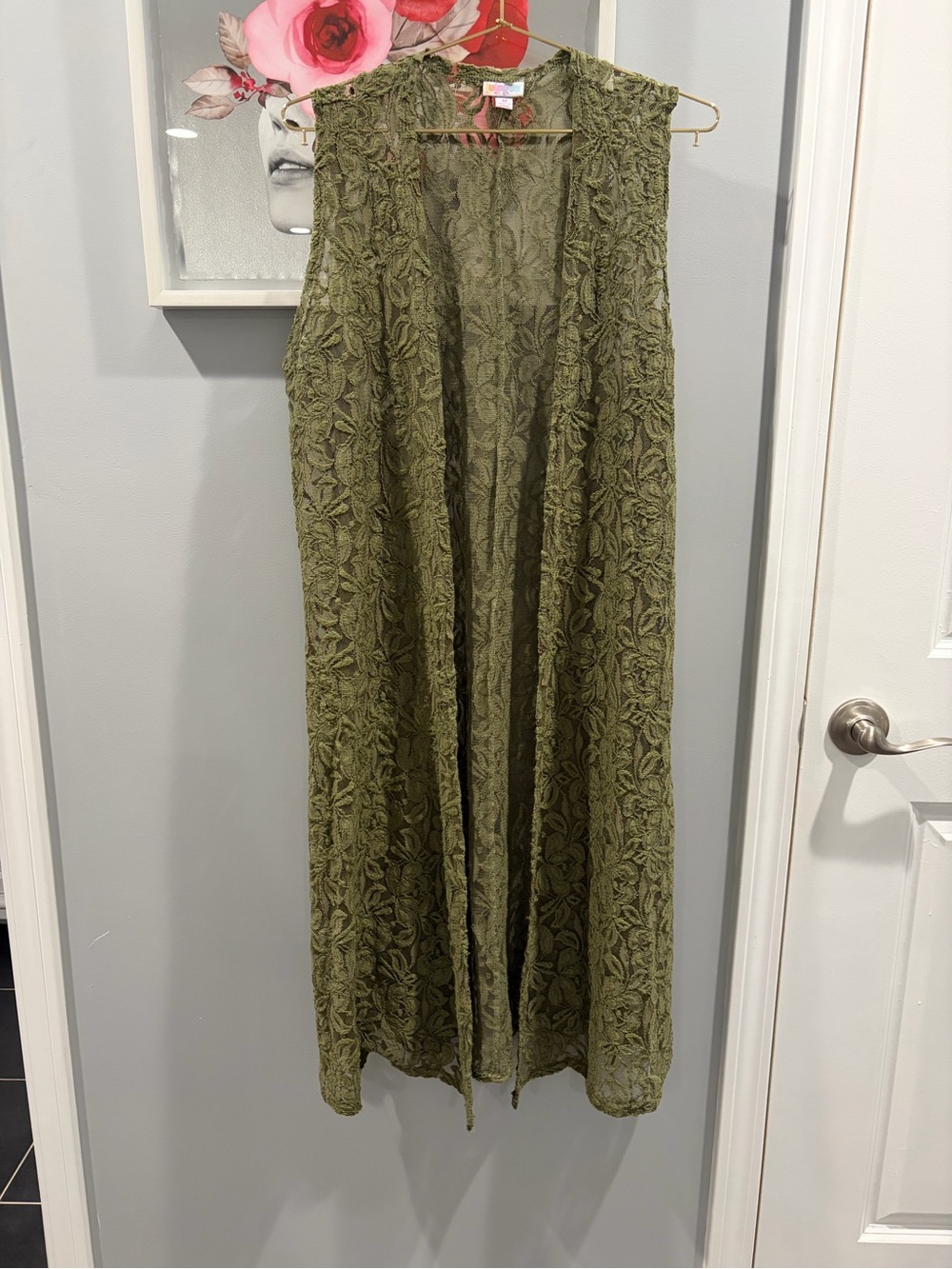 LULAROE Boho Olive Green Lace Overlay Vest Duster Size Medium